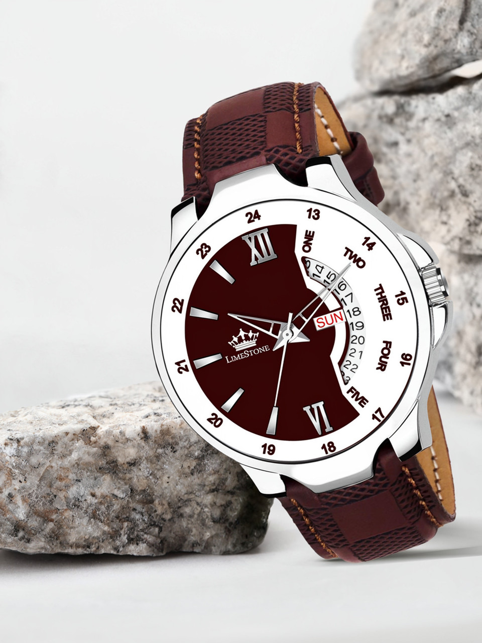 LIMESTONE   Brown Day and Date Functioning Check Pattern Strap Quartz Analog Watch  - For Men LS2881